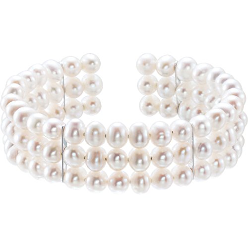 Freshwater Cultured Pearl 3 Row Bangle Bracelet, 5.00 MM - 5.50 MM, Sterling Silver, 7.50 Inches