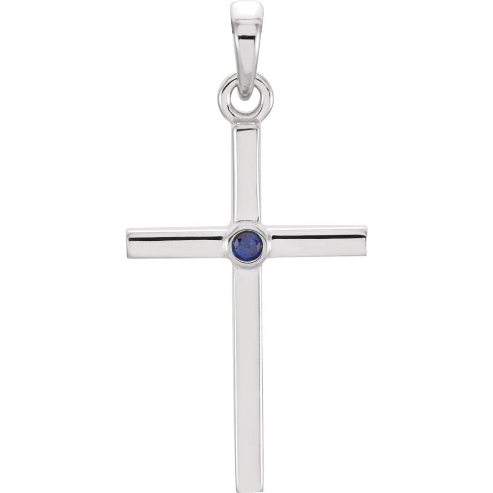 Blue Sapphire Inset Cross Rhodium-Plated 14k White Gold Pendant (22.65x11.4MM)