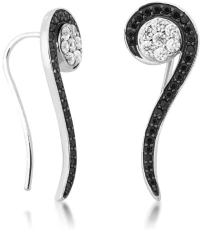 Black and White CZ Music Note Rhodium Plated Sterling Silver Ear Crawler Earrings