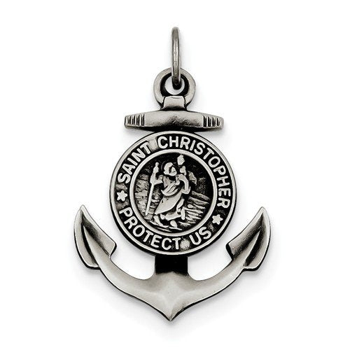 Sterling Silver Antiqued Satin St Christopher Anchor Medal Charm Pendant (33X20 MM)