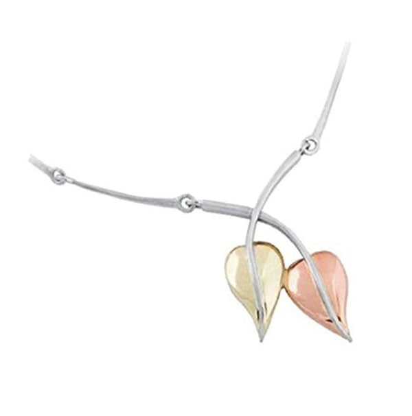 Mirror Polished Two Leaves Pendant Necklace, Rhodium Plated Sterling Silver, 10k Green and Rose Gold, 18" to 22"