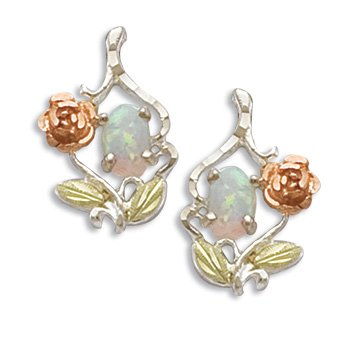 Opal Rose Earrings, Sterling Silver, 10k Yellow Gold, 12k Green and Rose Gold Black Hills Gold Motif