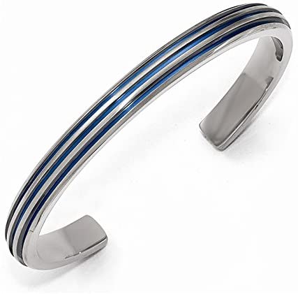 Titanium, Blue Anodized Grooved 7mm Cuff Bracelet