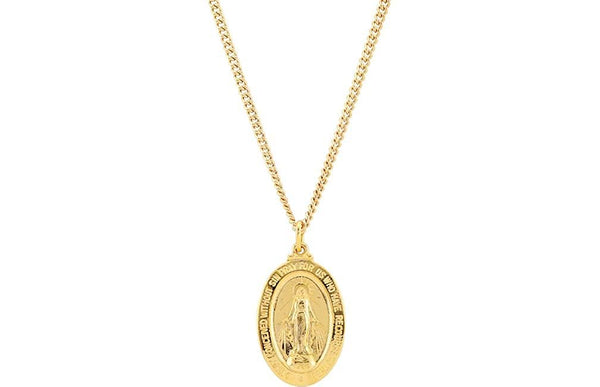 Sterling Silver 24k Gold-Plated Oval Miraculous Medal Necklace, 24" (28.82x17.82 MM)