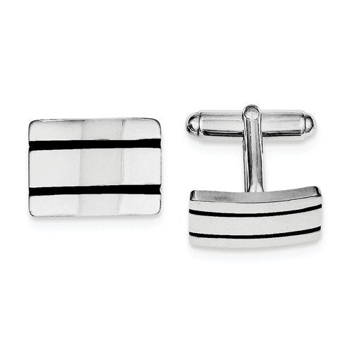 Rhodium-Plated Sterling Silver Black Enameled Square Cuff Links, 19X15MM