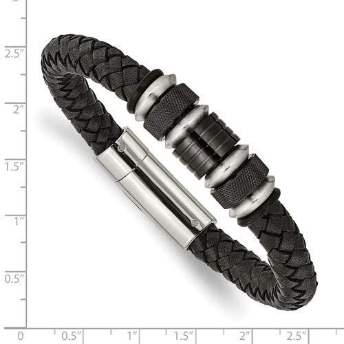 Men's Black Leather IP Plated Rubber Brushed Stainless Steel Magnetic- Clasp Bracelet, 8.5 Inches