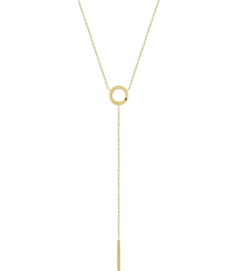Circle and Bar Y Necklace in 14k Yellow Gold, Adjustable 16-18"