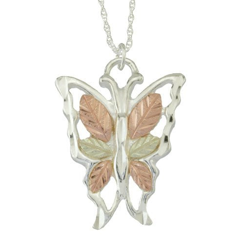 Diamond-Cut Butterfly Necklace, Sterling Silver, 12k Green and Rose Gold Black Hills Gold Motif
