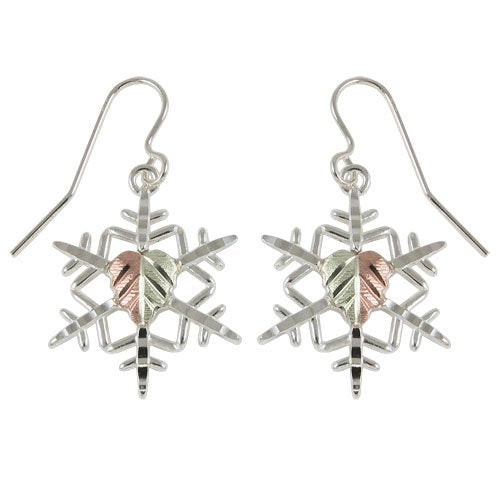 Snowflake Earrings, Sterling Silver, 12k Green and Rose Gold Black Hills Gold Motif