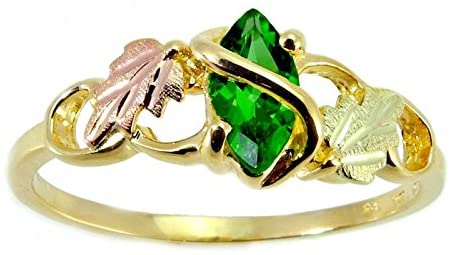 Lab Created Emerald Marquise Wrap Ring, 10k Yellow Gold, 12k Pink and Green Gold Black Hills Gold Motif, Size 9