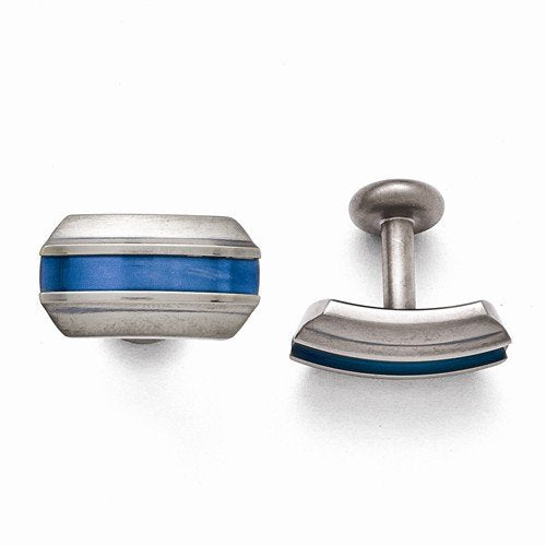 Grey Titanium TI Brushed Blue Anodized Stripe Rectangle Cuff Links