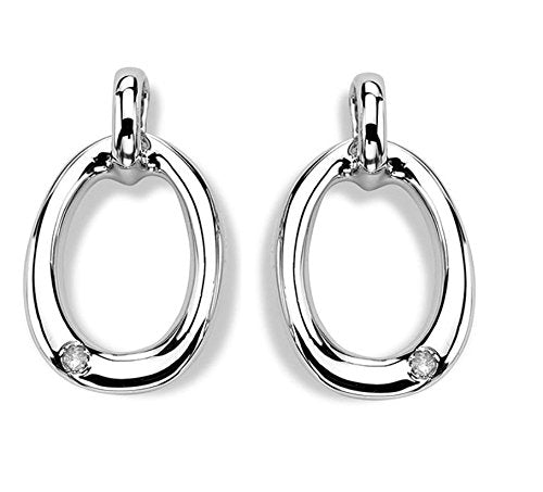 Diamond Oval Hoop Earrings, Rhodium Plated Sterling Silver