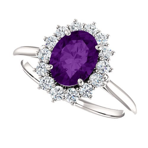 Genuine Oval Amethyst and Diamond Halo 14k White Gold Ring (.35 Cttw, GH Color, SI1 Clarity), Size 8