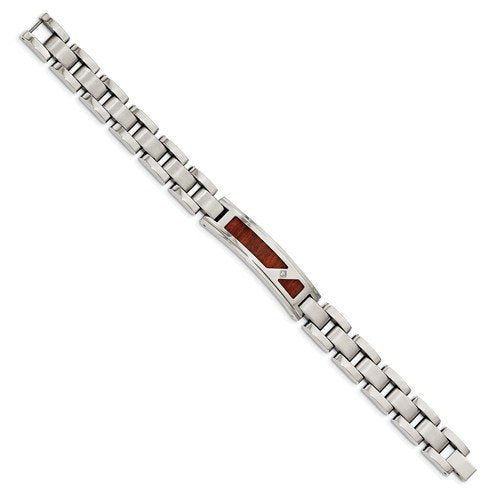 Men's Brushed and Polished Stainless Steel with Wood Inlay and CZ Bracelet, 8.5"