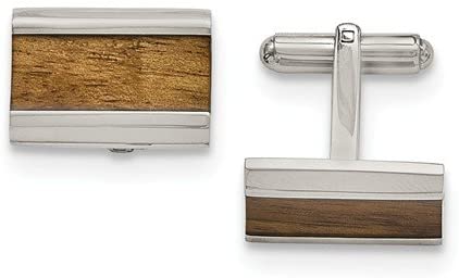 Stainless Steel, Brown Wood Inlay Enameled Rectangle Cuff Links