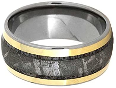 The Men's Jewelry Store (Unisex Jewelry) Gibeon Meteorite, Deer Antler, 18k Yellow Gold 10mm Comfort-Fit Titanium Band, Size 12