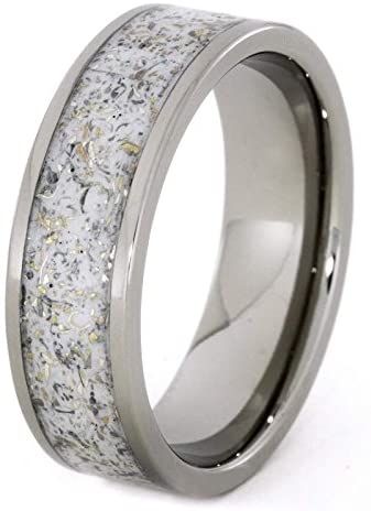 The Men's Jewelry Store (Unisex Jewelry) White Stardust with Meteorite and 14k Yellow Gold 7mm Comfort-Fit Titanium Ring, Size 10.5