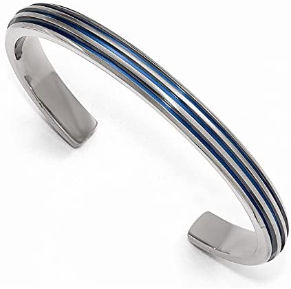 Titanium, Blue Anodized Grooved 7mm Cuff Bracelet
