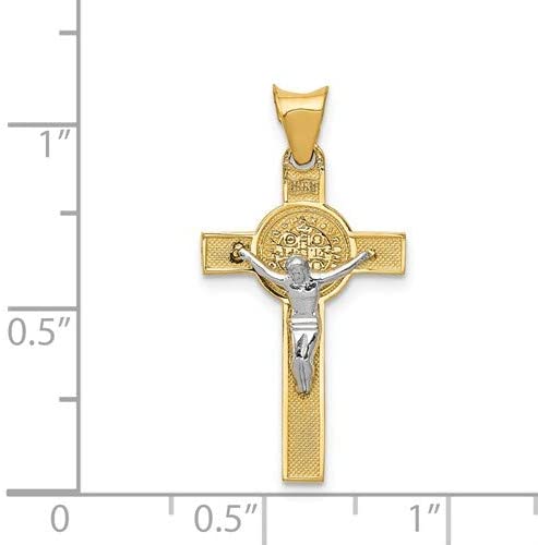 Rhodium-Plated 14k Yellow and White Gold Two-tone St. Benedict Medal Crucifix Cross Pendant(24.89X18.03MM)