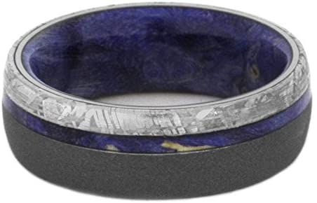 Gibeon Meteorite, Sandblasted Titanium 7mm Comfort-Fit Blue Box Elder Burl Wooden Sleeve Band, Size 12.75