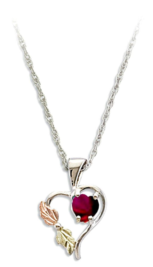 Red CZ January Birthstone Heart Pendant Necklace, Sterling Silver, 12k Green and Rose Gold Black Hills Gold Motif, 18"