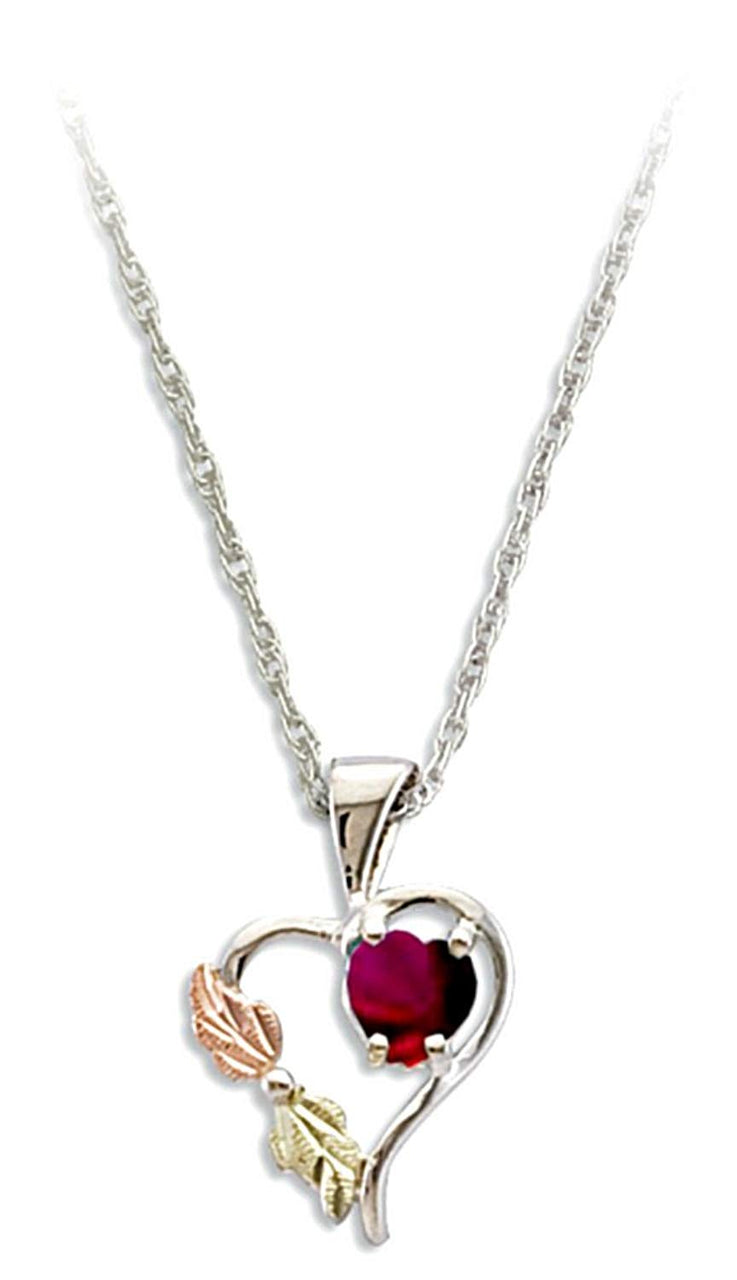Red CZ January Birthstone Heart Pendant Necklace, Sterling Silver, 12k Green and Rose Gold Black Hills Gold Motif, 18"