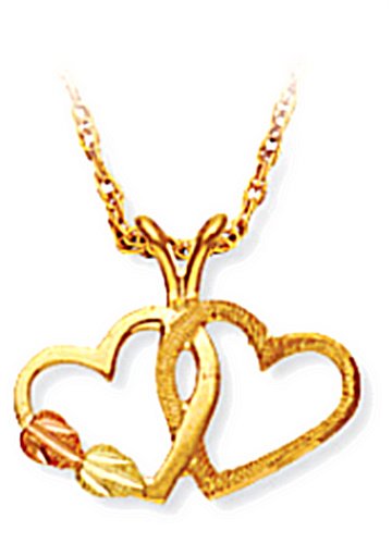 Ave 369 Double Heart Pendant Necklace, 10k Yellow gold, 12k Green and Rose Gold Black Hills Gold Motif, 18"