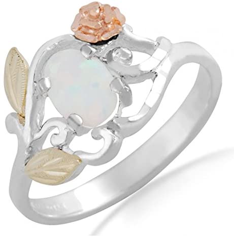 Opal Cabochon and 3D Rose Ring, Sterling Silver, 12k Green and Rose Gold Black Hills Gold Motif, Size 4.75