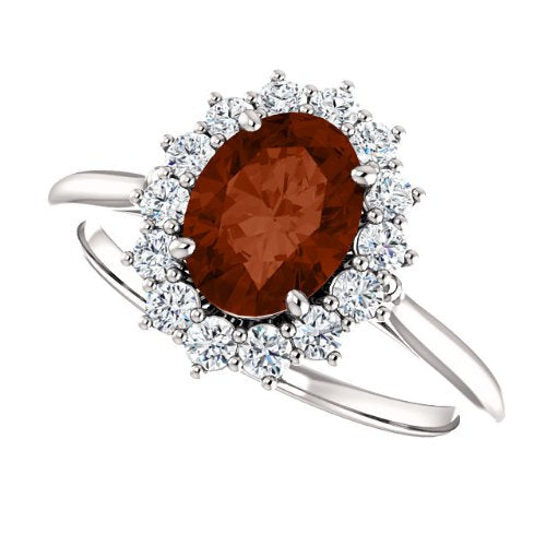 Mozambique Garnet and Diamond Halo 14k White OR Yellow Gold Ring, Size 7