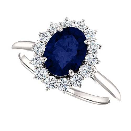 Sapphire and Diamond Halo 14k White OR Yellow Gold Ring, Size 7