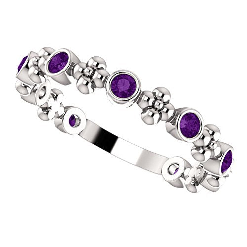 Genuine Amethyst Beaded Ring, Rhodium-Plated 14k White Gold, Size 7.5
