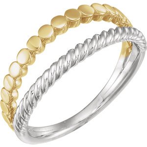 Rope Trim and Flat Granulated Bead Twin Stacking Ring, Rhodium-Plated 14k White and Yellow Gold