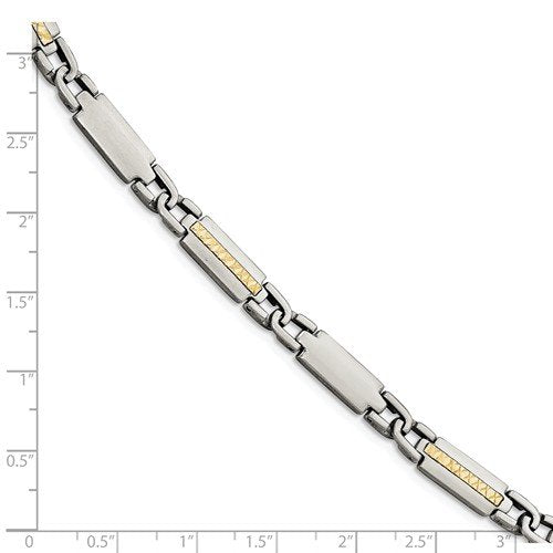 Men's Polished and Brushed Stainless Steel, 14k Yellow Gold Link Bracelet, 8.75"