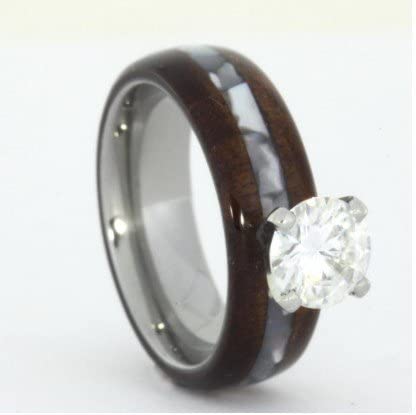 Forever One Moissanite Solitaire Honduran Rosewood 6.5mm Comfort-Fit Titanium Engagement Ring, Size 8.25