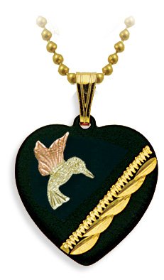 Humming Bird Black Enamel Heart Pendant Necklace, 10k Yellow Gold, 12k Green and Rose Gold Black Hills Gold Motif, 18"