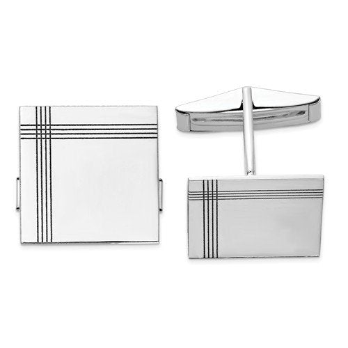 Rhodium-Plated 14k White Gold Square with Line Design Cuff Links, 17MM