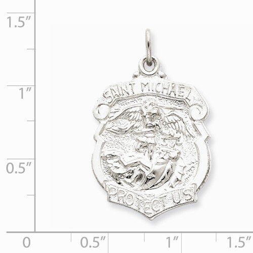 Rhodium-Plated Sterling Silver Saint Michael Badge Medal Charm Pendant (33X22 MM)