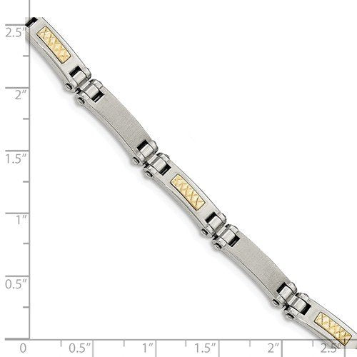 Men's Polished and Brushed Stainless Steel with 14k Yellow Gold Link Bracelet, 8.25 "