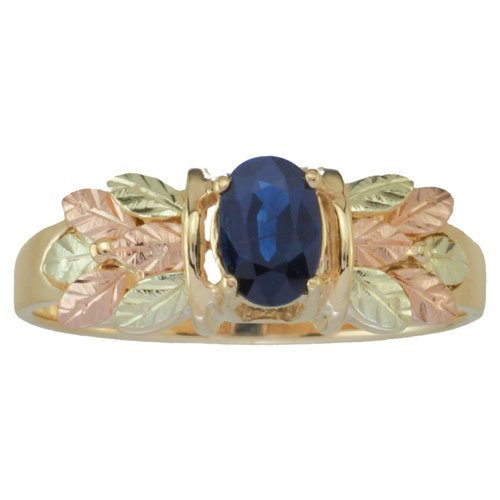 Sapphire Oval Petite Leaf Ring, 10k Yellow Gold, 12k Green and Rose Gold Black Hills Gold Motif