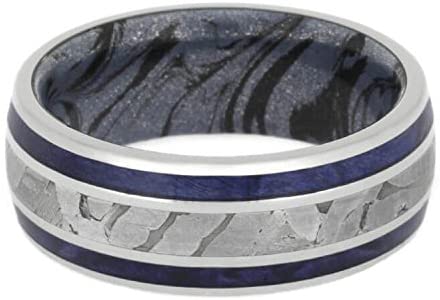 Seymchan Meteorite, Blue Box Elder Burl Wood 9mm Titanium Comfort-Fit Cobaltium Mokume Band, Size 13.5