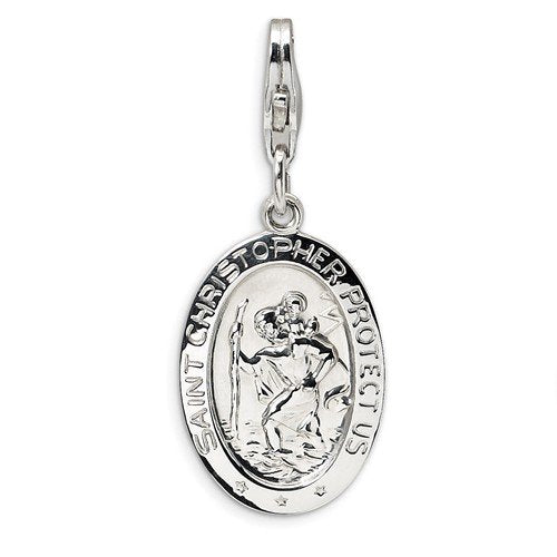 Rhodium-Plated Sterling Silver St. Christopher Medal With Lobster Clasp Charm Pendant (41X13 MM)