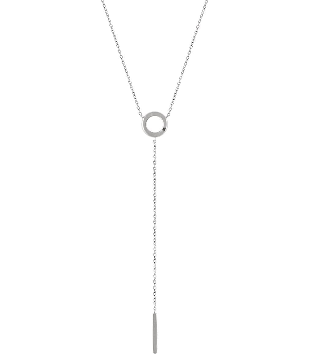 Circle and Bar Dangle Necklace in 14k White Gold, Adjustable 16-18"