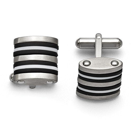 Stainless Steel, Satin Brushed Black, White Rubber Cuff Links