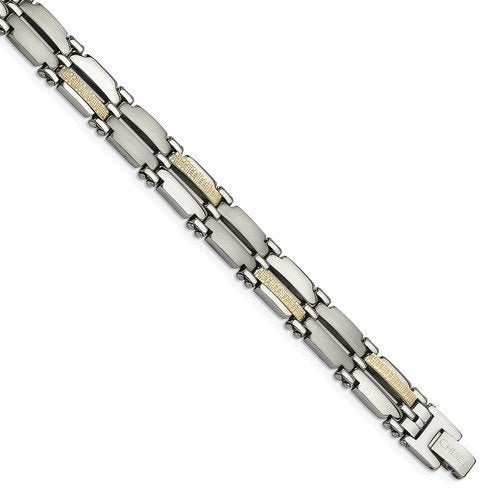 Men's Brushed and Polished Stainless Steel 10mm 14k Yellow Gold Bracelet, 8.5"