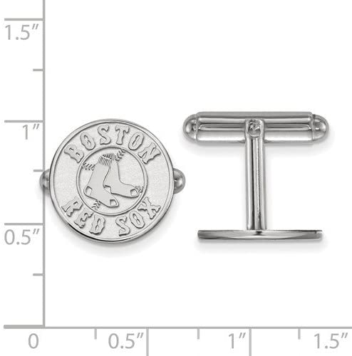 Rhodium-Plated Sterling Silver Boston Red Sox Round Cuff Links, 15MM