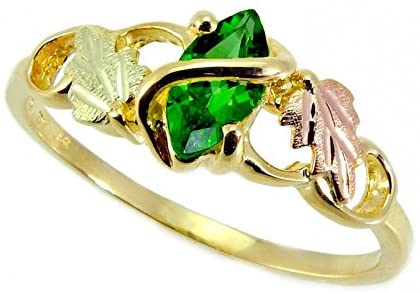 Lab Created Emerald Marquise Wrap Ring, 10k Yellow Gold, 12k Pink and Green Gold Black Hills Gold Motif, Size 9