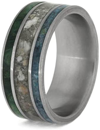 Crushed Turquoise, Pet Ashes, Green Box Burl 8mm Matte Titanium Comfort-Fit Band, Size 9.25