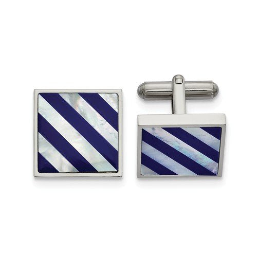 Stainless Steel, Polished Mother Of Pearl, Blue Shell Inlay Cuff Links, 18.59MMX 17.21MM