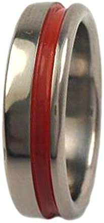 Red Grooved Pinstripe 5mm Comfort Fit Titanium Wedding Band, Size 6