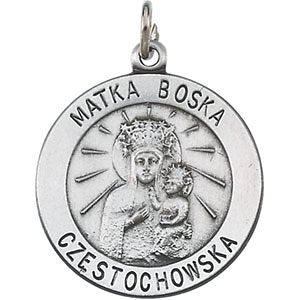 Rhodium Plated Sterling Silver Round Matka Boska Medal (18.25 MM)